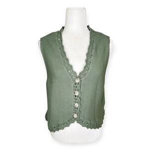 Francesca's Closet Sage Green Knit Cotton Vest Lace Trim Decorative Button LGE